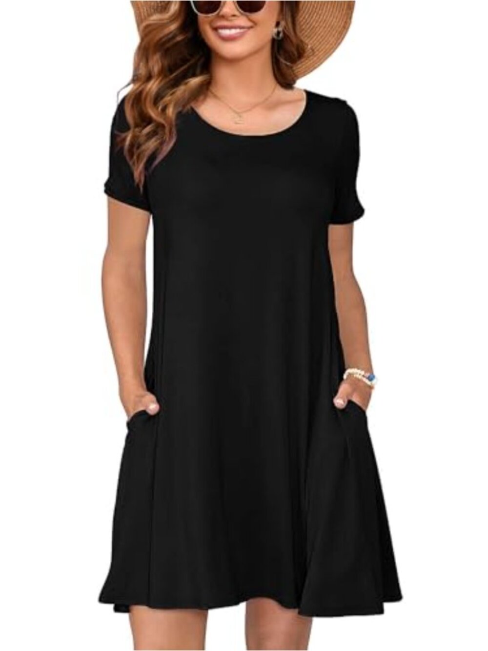 Casual Swing Dress with Pockets Crewneck Short Sleeve Stretchy Midi